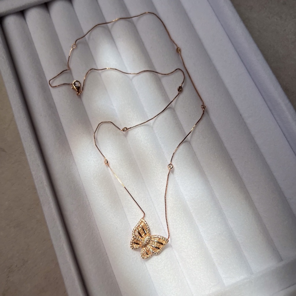 NEW Rose Gold Plated Over Sterling Silver Butterfly Pave Crystals Necklace